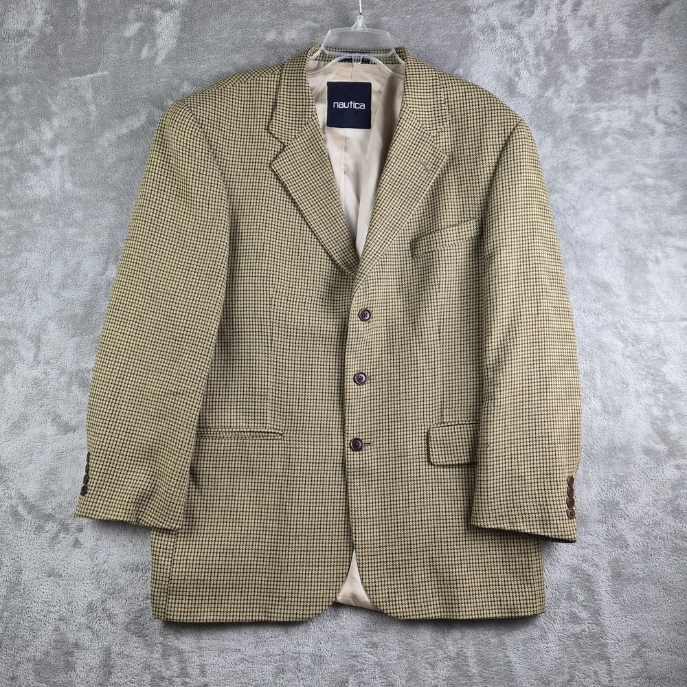 Vintage Nautica Blazer Jacket Mens‎ 43R Beige Houndstooth 100% Wool Sport Coat